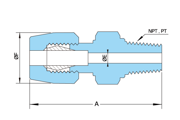 PTFE D-TYPE MALE CONNECTOR おねじコネクタの構造図